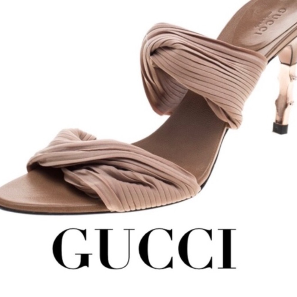 GUCCI SATIN AND LEATHER BRASS BAMBOO HEEL